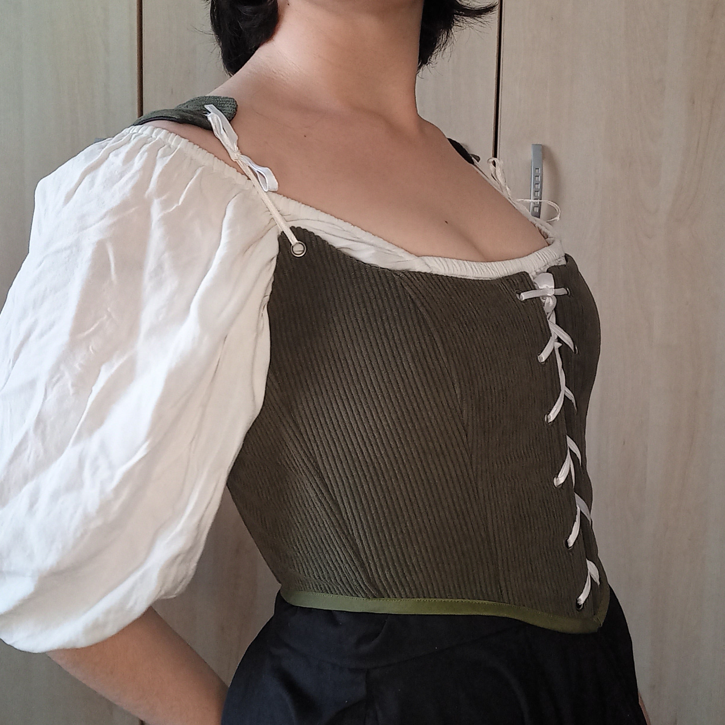 Olive Green Corduroy Front-Lace Corset Top