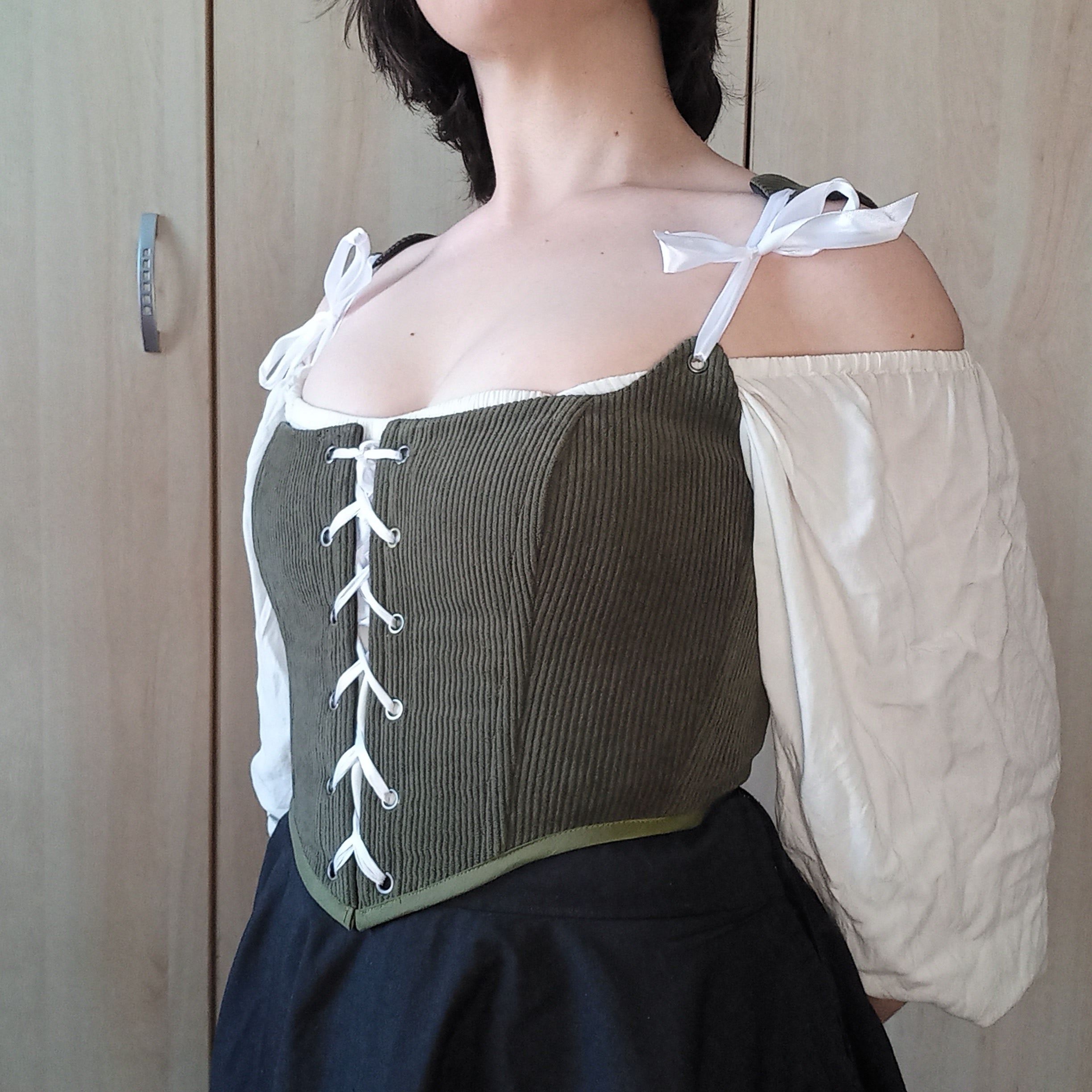 Olive Green Corduroy Front-Lace Corset Top