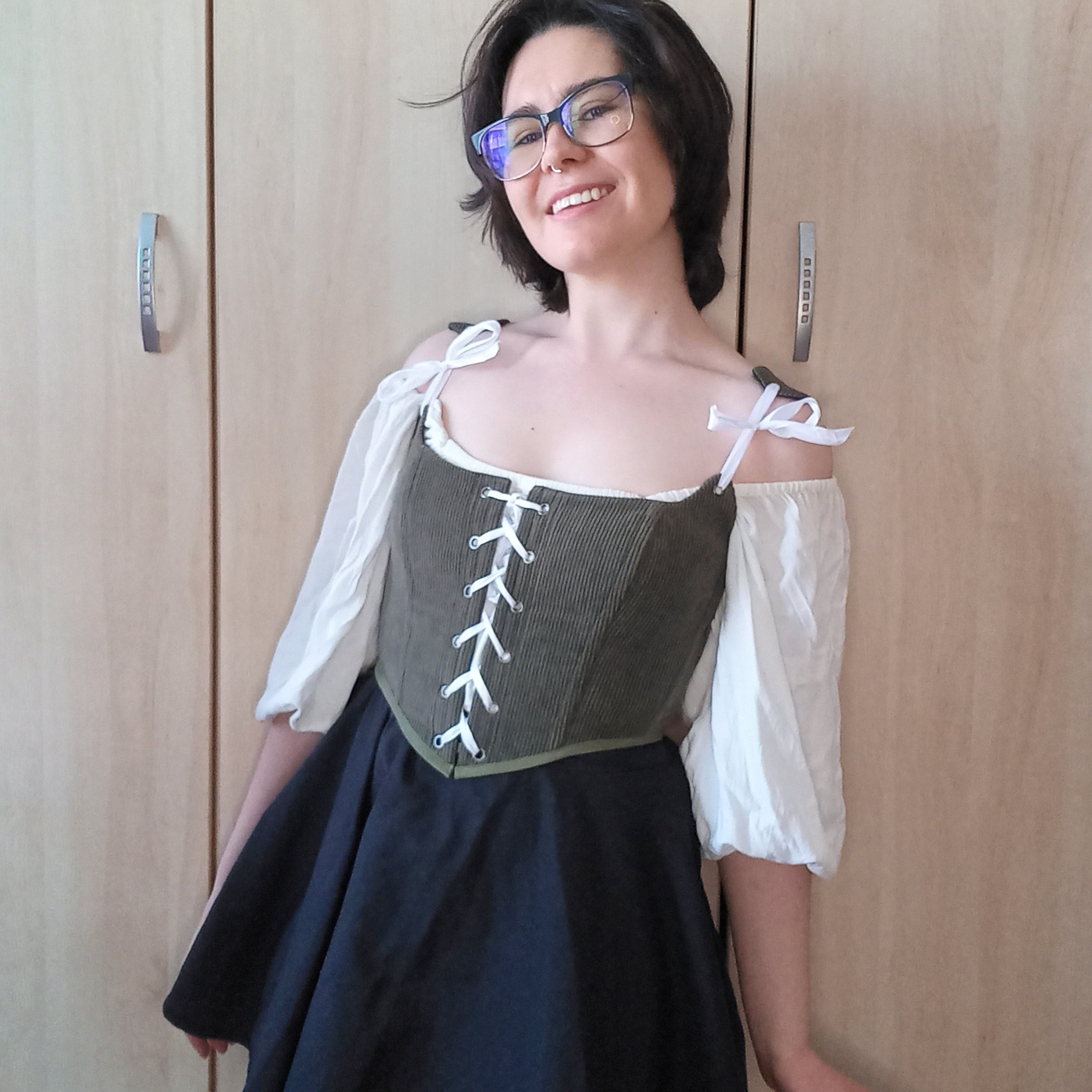 Olive Green Corduroy Front-Lace Corset Top